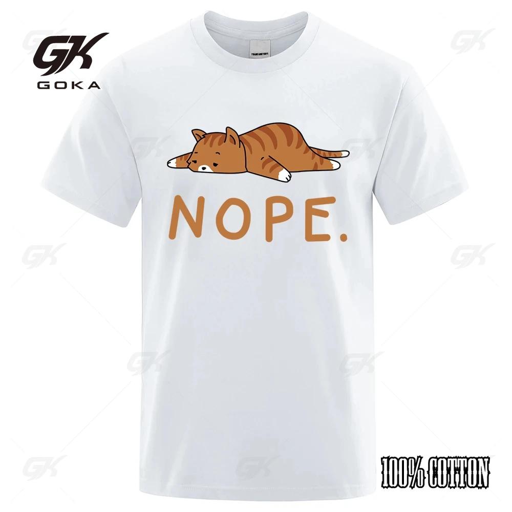 Sleeping Cat Nope Cartoons Print Male Short Sleeve Harajuku Street TShirts Summer Loose  Cotton T Shirt Men