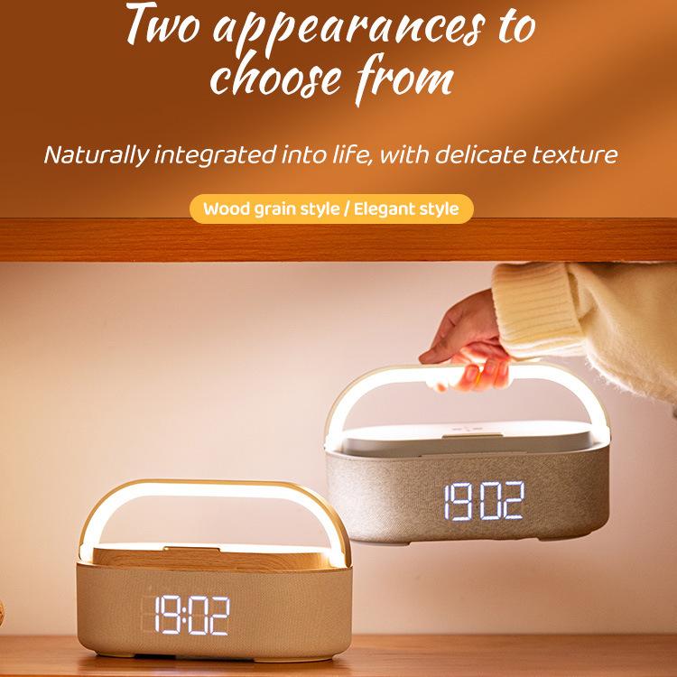 Portable Dual Alarm clock Bluetooth Speaker, Phone holder Wireless Charger, FM Radio & Dimmable Light for Bedroom Office Home Gift Giving