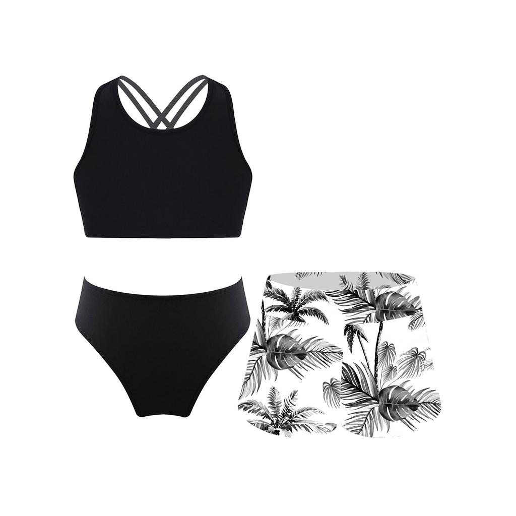 Girls Bathing Suit Set Sleeveless Round Neck Crop Top Wide Elastic Waistband Shorts Beach Swimming Outfit