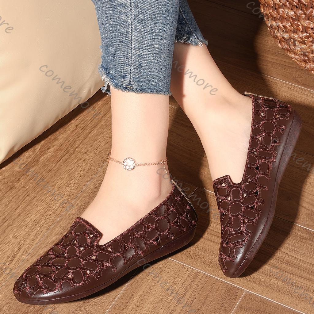 Comemore Women Flats Shoes Slip On Loafers for Women Round Toe Single Shoes Hollow Out Solid Color Large Size Flat Shoes