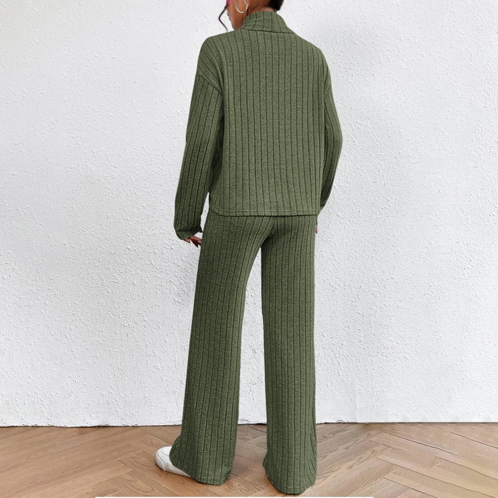 Women's Casual Solid Color High Neck Long Sleeve Set Loose Pants Two Piece Set