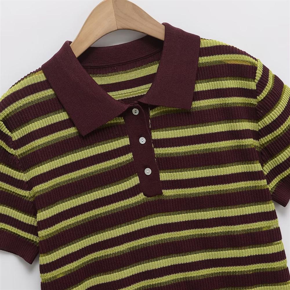 2025 Spring/Summer Women's Striped Knit Polo Collar Short-Sleeve Top