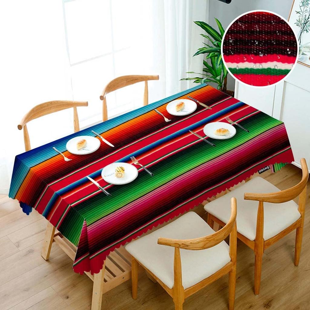 Mexican Colorful Stripe Pattern Rectangle Tablecloth Party Decor Reusable Waterproof Tablecloth Kitchen Dining Table Decorations
