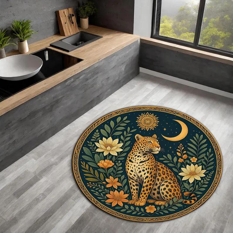 

Tiger Circular Carpet Fox Cheetah Owl Pattern Rug Plant Mandala Style Carpet Living Room Bedroom Decorative Floor Mat 40x40cm