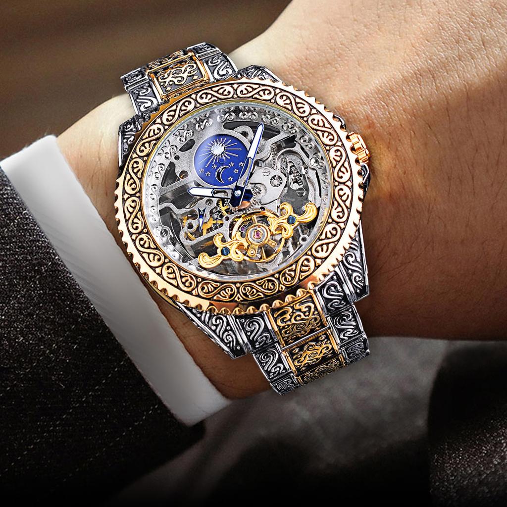 TeamSky Mechanisch Edelstahl Groß Mondphase Geschenk für Männer Herrenuhr, Graviert, Automatisch, Stahl, Multifunktion, Zifferblatt, Funktion, Wasserdicht,