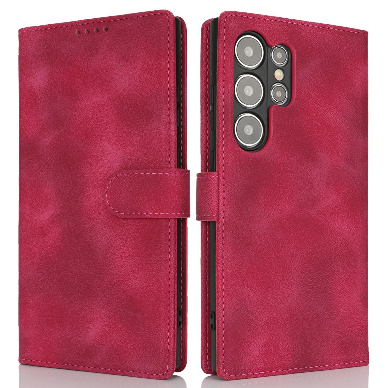 

For Samsung Galaxy S24 Ultra Wallet Case Double Folded Edge Skin Touch PU Leather Flip Phone Cover Wine Red