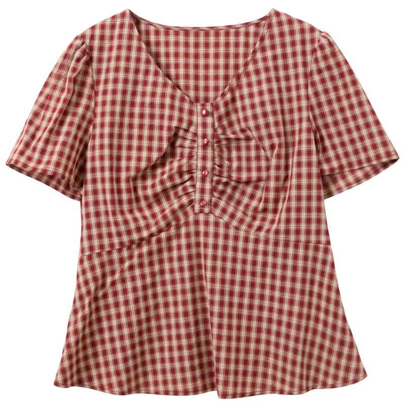 Women s Plus Size 100% Cotton Red Plaid V-Neck Blouse M