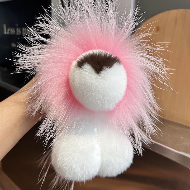 Cute Lion Real Rex Rabbit Fur Keychain Plush Toys Trinkets Women Bag Ornaments Pendant Car Keyring Rearview Mirror Decoration