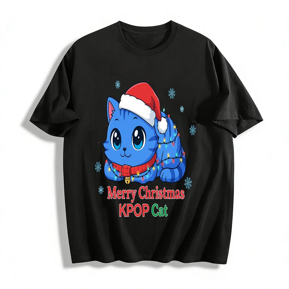 

Merry Christmas KPOP Cat Print Sweatshirt Cute Blue Cat With Santa Hat Xmas Lights Holiday Top Pure cotton T-shirt XXS