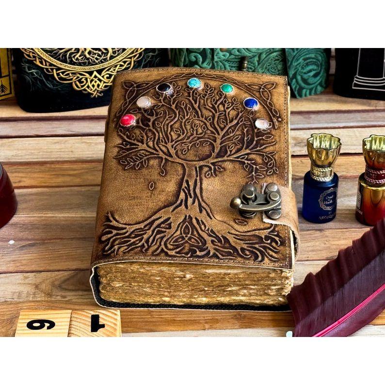 Leather Journal seven stone Tree Of Life Notebook blank sketchbook Traveling Notepad deckle edge pepar with 7 Stone For Men Women best gift