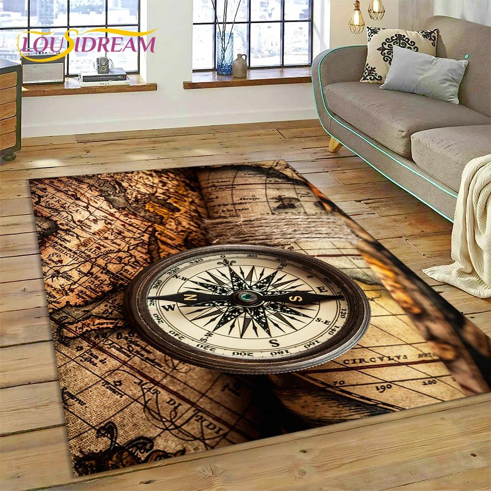 Ancient Nautical Chart World Map Compass Rug Carpet for Living Room Bedroom Decor,Floor Mat Non-slip Decoration for Sofa Doormat