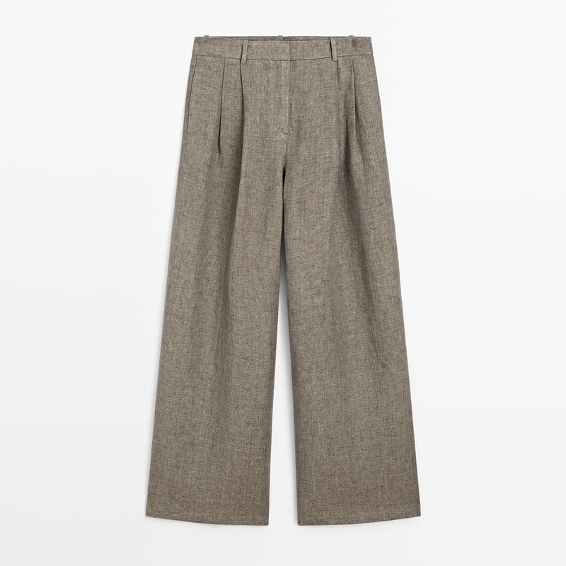 

MD Women clothes Summer New Product French style Temperament Young Ol Old Money Style Simple Linen Double Pleated Commuter Wide Leg Trousers Light brown S