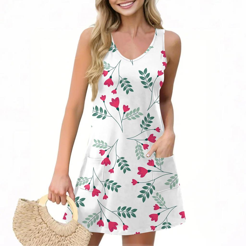 Women's Casual Summer Vest Dress With Pockets Floral Print V Neck Sleeveless Dress
