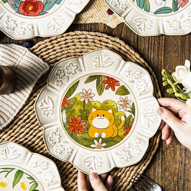 8.4inch Ceramic Dinner Plate Vintage Floral Cake Dessert Dishes Snack Plates Household Dinnerware For Coffee Shop