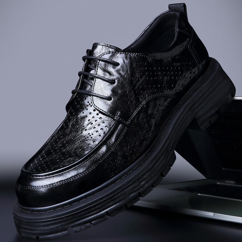 2025 New Hollow Leather Shoes British Style Leather Men's Shoes Platform Breathable High-end Leather Shoes Men's Summer Trend