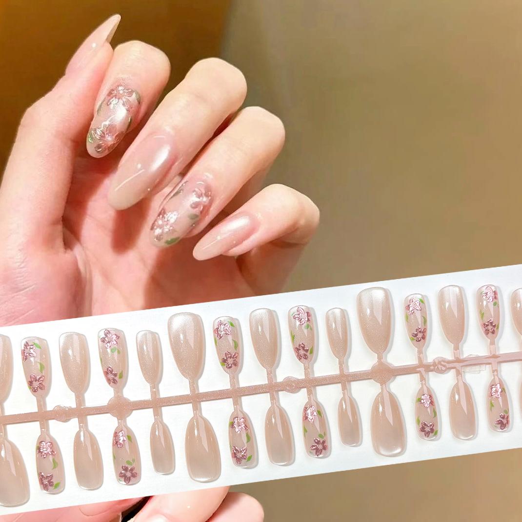 

Rose Gold Nude Cat Eye Almond Press-On Nails with Floral Glass Beads – Set of 30 Rose Gold Flower Glass Bead XS/S/M Set