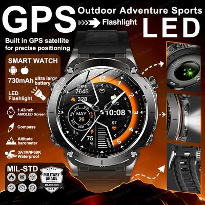 2026 New Men Military Smart Watch 730MAH Super Endurance Bluetooth Call GPS Compass Barometric Altimeter 10ATM Waterproof Sports Smartwatches Men