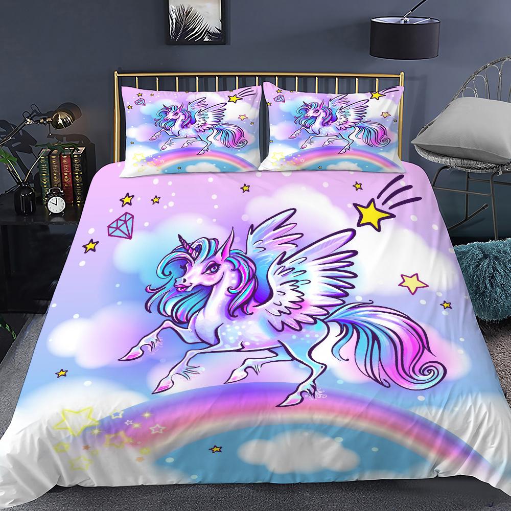 Unicorn Duvet Cover Purple Pink Cartoon Dream Comforter Cover Set Women Stars Rainbow Rhinestone Bedding Set For Teenage Girls