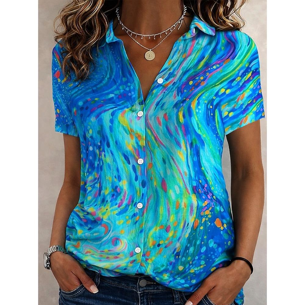 Summer Women's Hawaiian Tropical Pattern Shirt Lapel Collar Short Sleeve Casual Button Up Shirts for Vacation Outfits Tops