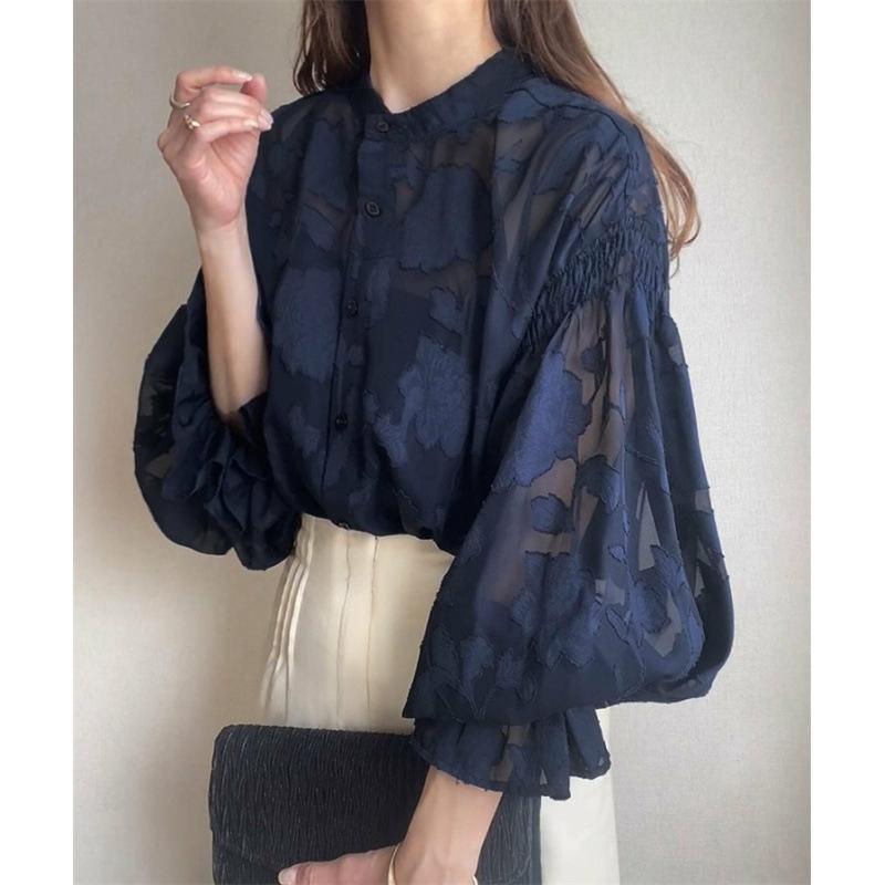 

women s Floral Jacquard Sheer Stand Collar Puff 3/4 Sleeve Oversized Casual Blouse Loose Chiffon Shirt Top XL Темно-синій