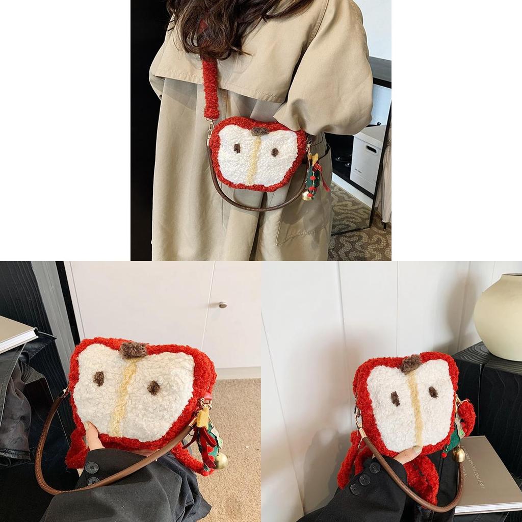 Christmas Sheep Plush Apple Tote Bag For Girls With Zipper Closure And Card Pocket