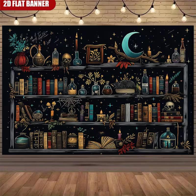 

2D Witchy Apothecary Shelf Wall Tapestry, Mystical Potion & Book Backdrop for Halloween Decor 47.2x31.5inch/120*80cm