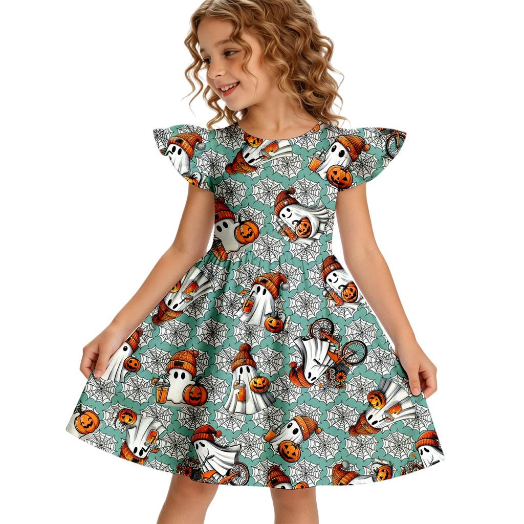 Girls Halloween Casual Dress Ruffle Sleeve Round Neck Dress Lightweight Comfortable Fit for Everyday Wear and Party