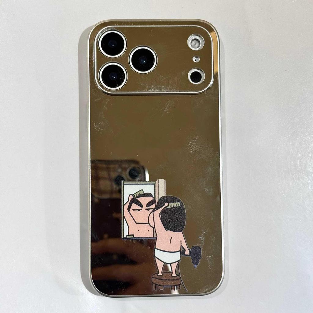 Shin-chan Mirror Phone Case for iPhone 17 Pro Max/16 Pro/15 with Silver Edge