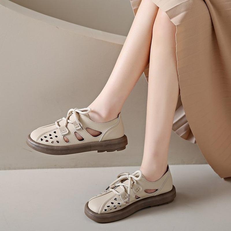 Полые одинарные туфли женские летние новые удобные повседневные дышащие плоские сандалии 35 абрикосовый