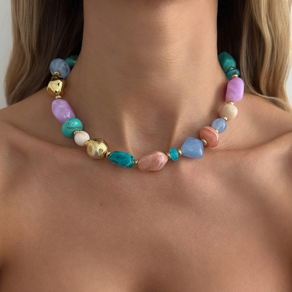 Irregular Shape Resin Beaded Necklace Maillard Style Colorful Resin Necklace Gift Giving
