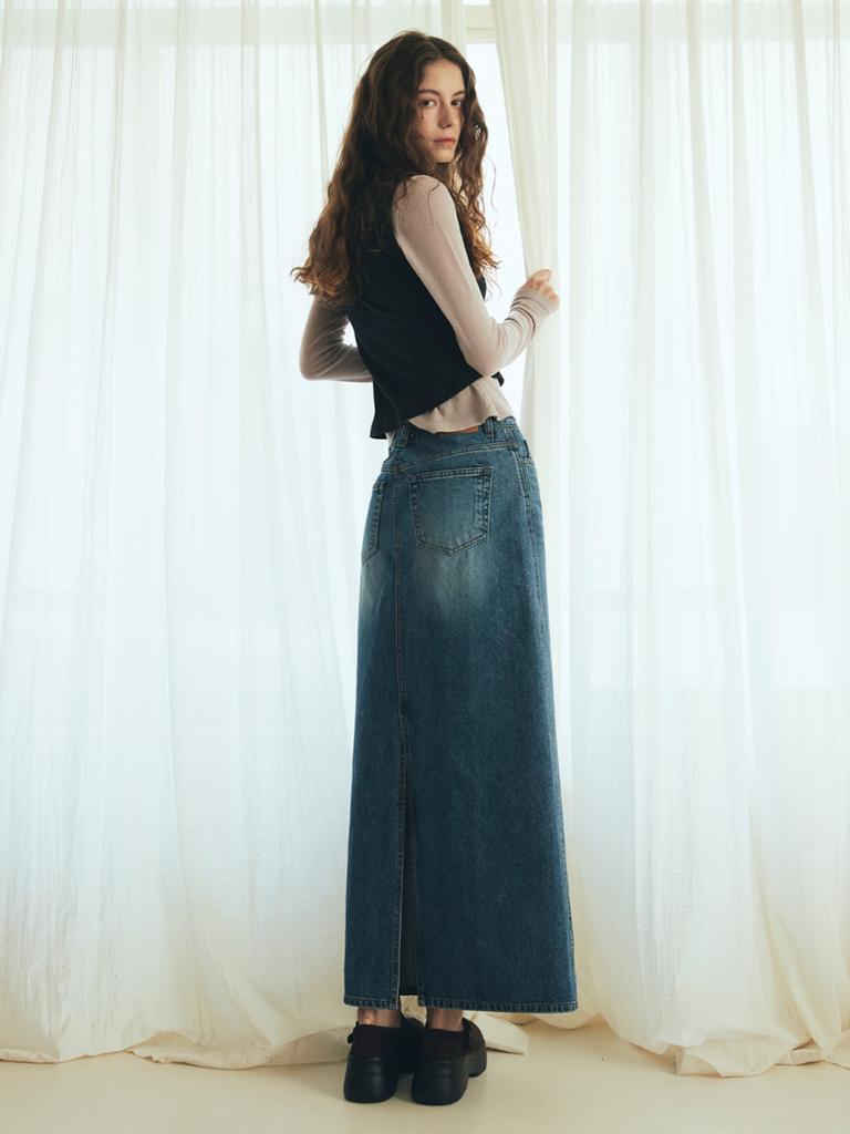 Oal Denim Column Long Skirt_Midium Blue