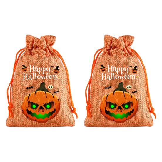 Handmade Style Party Bags 2Pcs Halloween Pumpkin Drawstring for Candy Treats, Retro Burlap Festival Totes Trick or Treat Bags, Portable Goodie