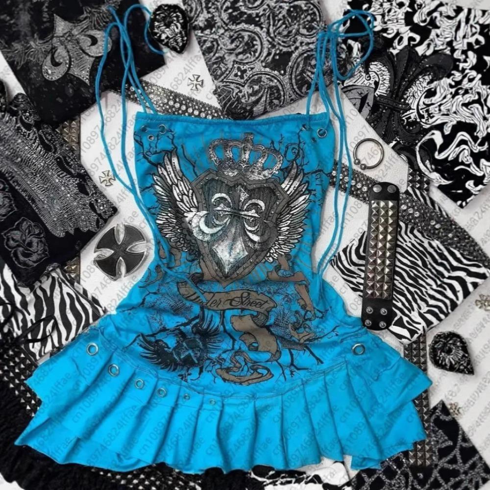 Gothic-style Niche Design Dress Y2K Slim Fit Suspender Print Fashionable Retro Punk Dress