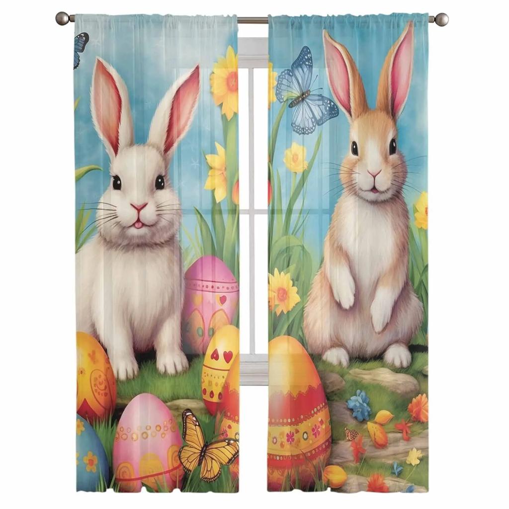 Ostereier-Häschen-Aquarell-Blumen-Tüllvorhänge für Wohnzimmer, durchsichtiger Vorhang für Schlafzimmer, Küche, Jalousien, Voile-Vorhänge