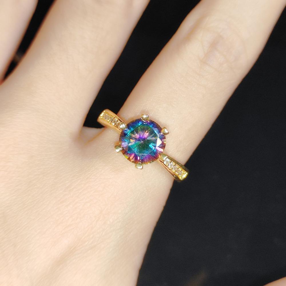 18k Gold Plated Open Ring with Rainbow Laser Diamond Classic Six Prongs for Women adjustable