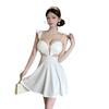 Elegant Deep V-Neck See-Through Dress with Flutter Sleeves and Slimming A-Line Skirt
