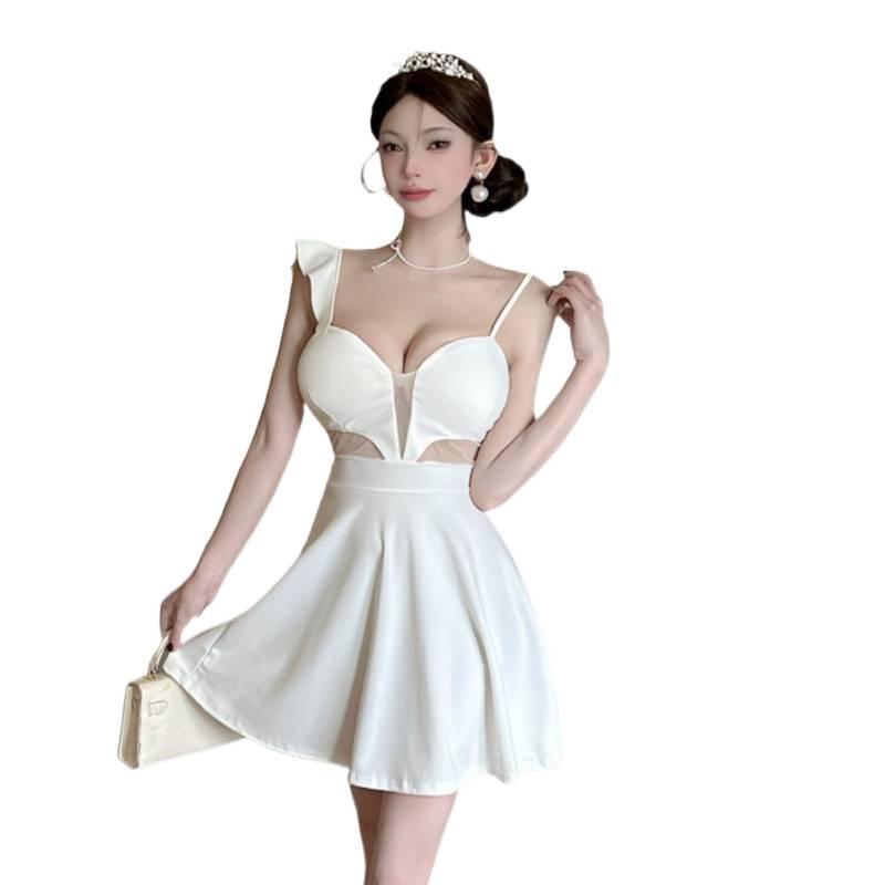 Elegant Deep V-Neck See-Through Dress with Flutter Sleeves and Slimming A-Line Skirt