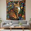 Orange Tabby Cat Embroidered Flower Garden Wall Tapestry Folk Textile Art Decor for Living Room Bedroom Gift