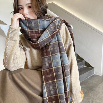 Fashionable Plaid Scarf for Women In Autumn and Winter Korean Style Sweet Imitation Cashmere Plaid Scarf Thickened Winter Scarf for Women