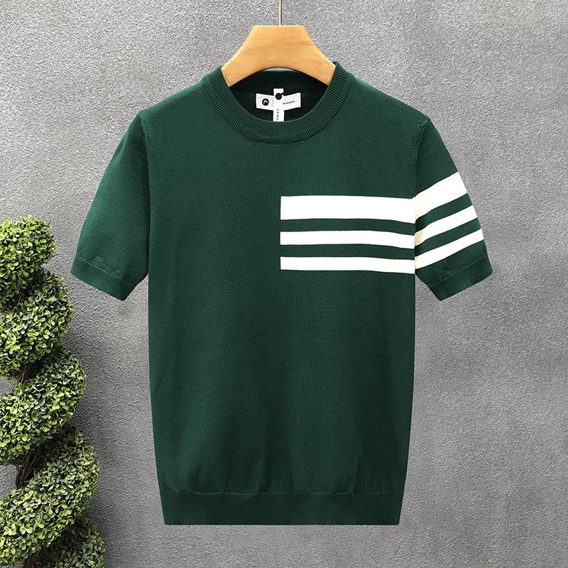Summer new short-sleeved sweater men's striped simple business light mature slim ice silk T-shirt