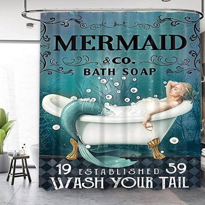 Ocean Shower Curtain Mermaid Bathroom Curtains 60Wx72L Inch Teal Blue Funny Wash Your Tail Bathtub Bubbles Sea Bath Soap Vintage