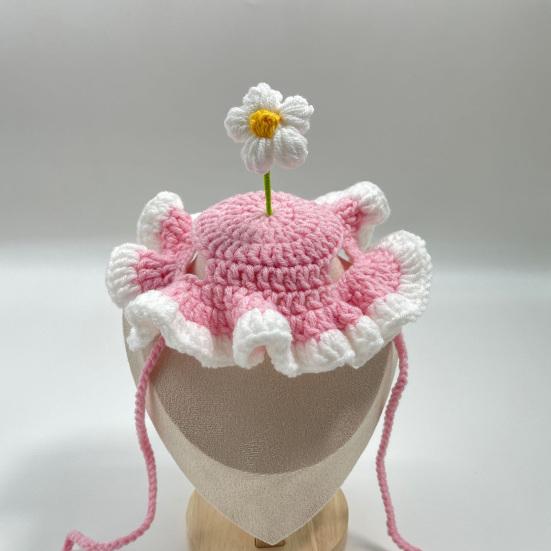 Crochet Flower Cat Hat Handmade Scalloped Pet Hat with Flower Ear Holes Cute Flower Hat for Small Medium Dogs Cats Party Photo Props