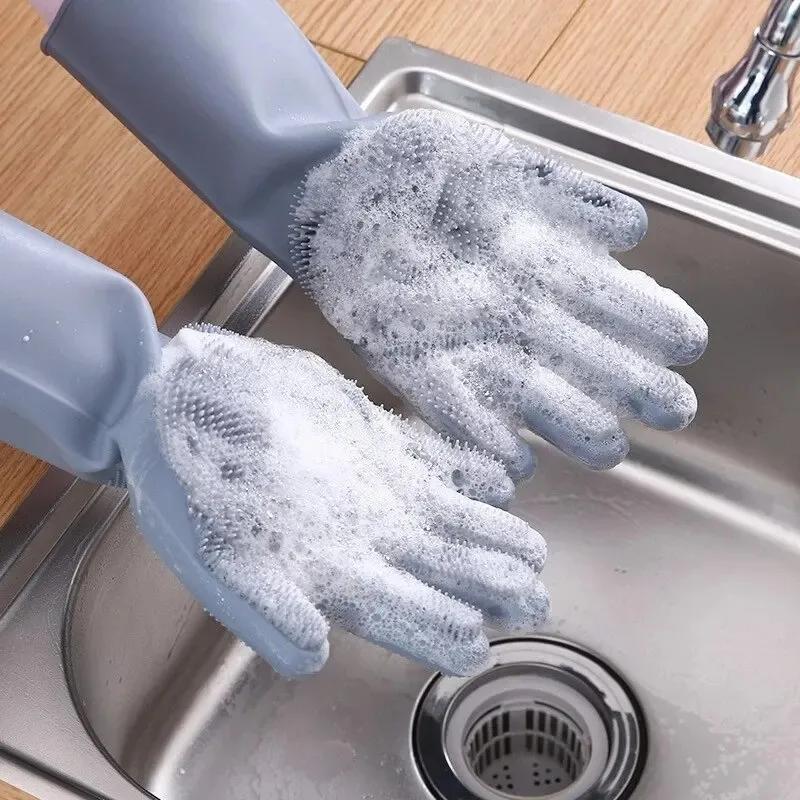 

Dishwashing Cleaning Gloves Magic Silicone Rubber Dish Washing Gloves Sponge Scrubber Kitchen for Household Cleaning Tools зелёный