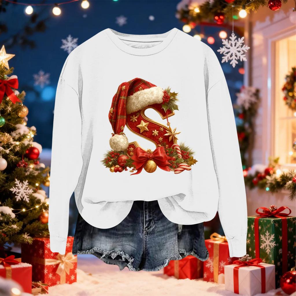 Women's Fashionable Casual Long-Sleeved Christmas Letter Print Crew-Neck Sweatshirt