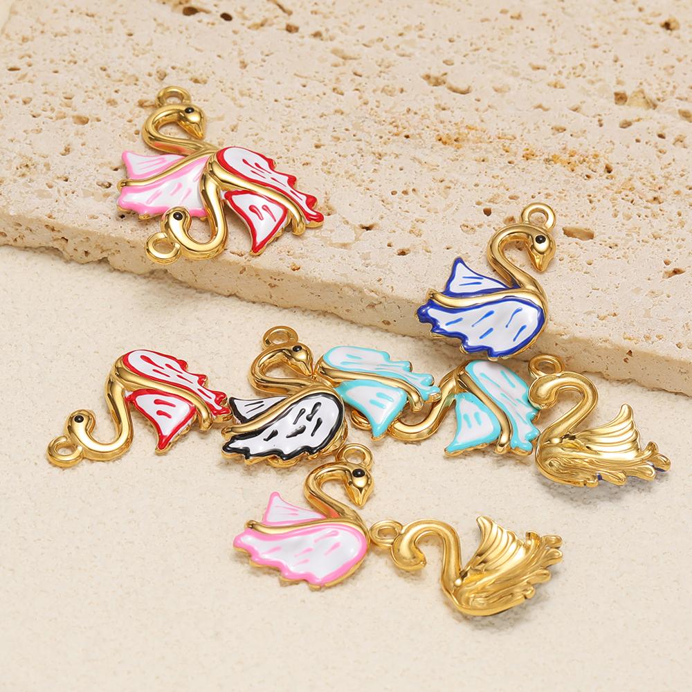 5Pcs Stainless Steel Cute Enamel Swan Charms for DIY Girls Necklace Pendants Earrings Findings Children Gifts Jewelry Making