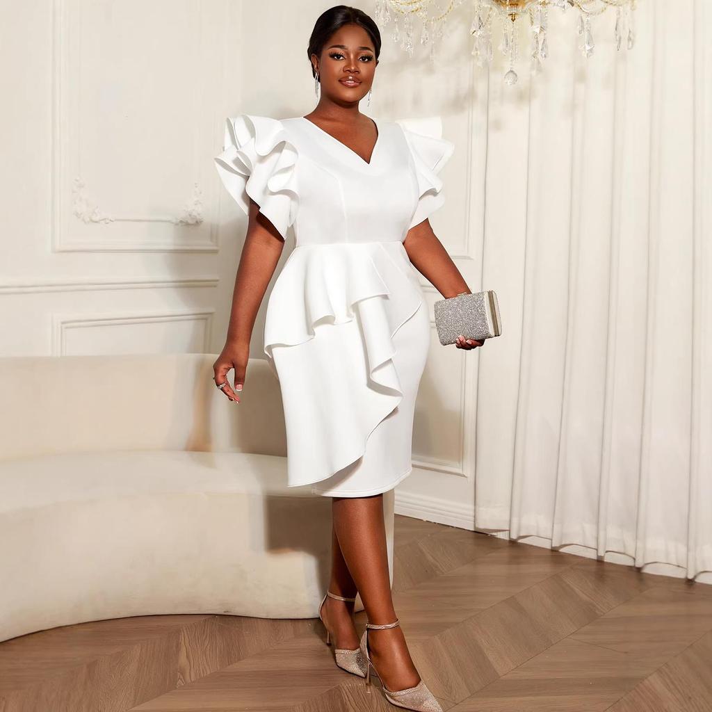 Plus Size Elegant White V-Neck Dress with Ruffle Sleeves and Cinched Waist