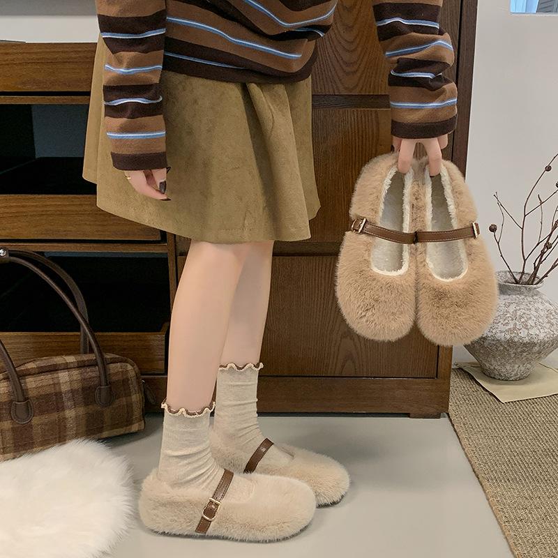 Fashion shallow mouth flat bottom plush shoes women wear winter versatile word with soft bottom Mary Jane cotton shoes