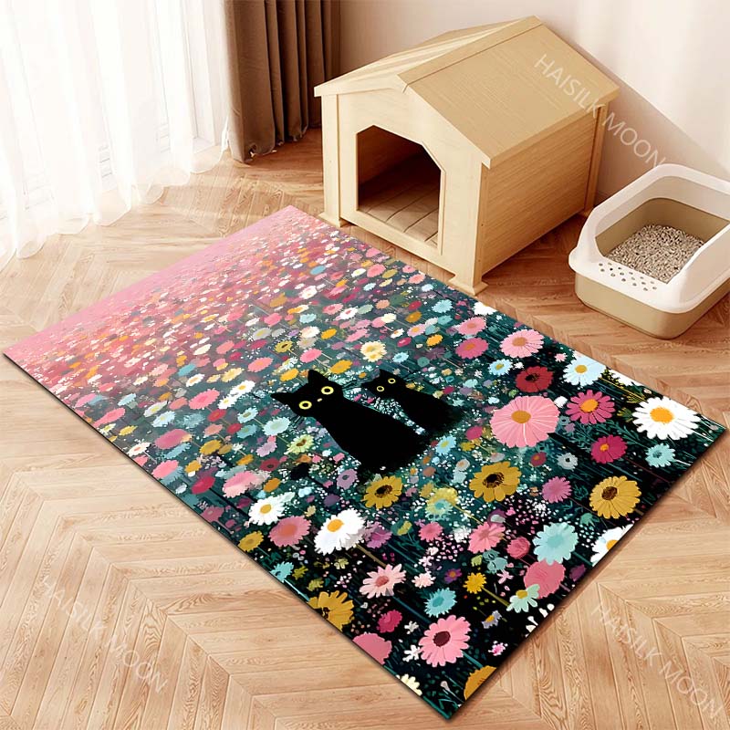 Multiple sizes two black cats in vibrant wildflowers Print Carpet for Living Room Bedroom Sofa Home Decor Non-slip Mat Gift