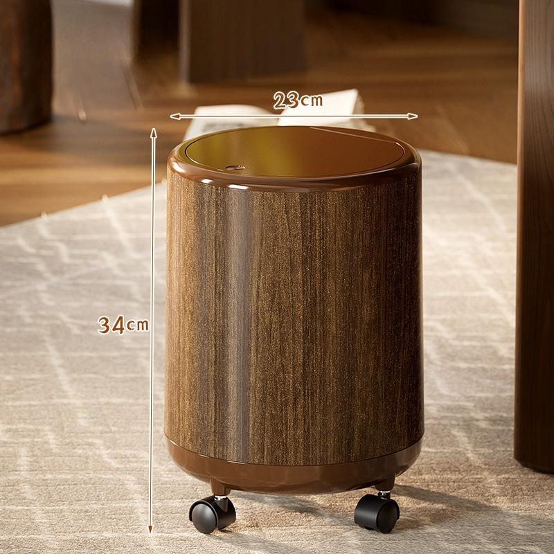 Wood Grain Trash Can with Wheels, Large Round Opening Simple Design Garbage Bin for Home, Movable Easy-Clean Storage Container