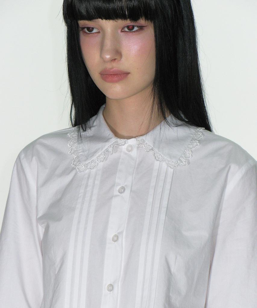 CRANK Pintuck Lace Long Sleeve Blouse_White